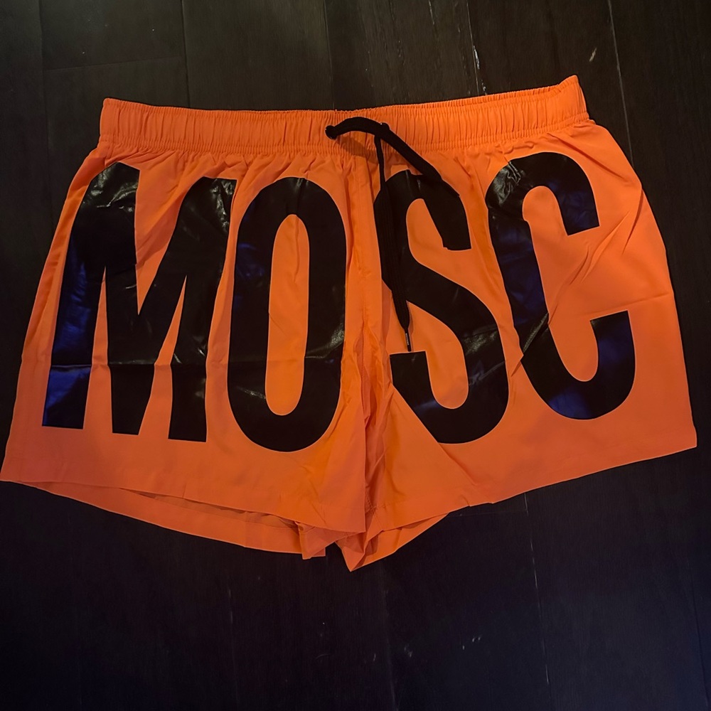 Moschino Orange Swim Trunks with Black Lettering